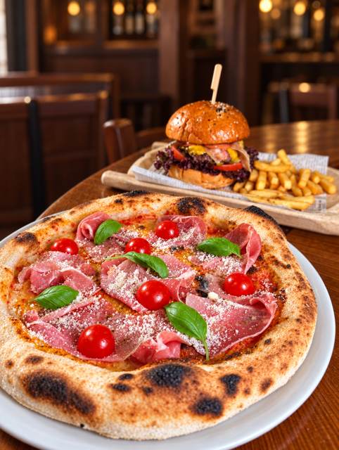 Pizza s prosciuttom a burger